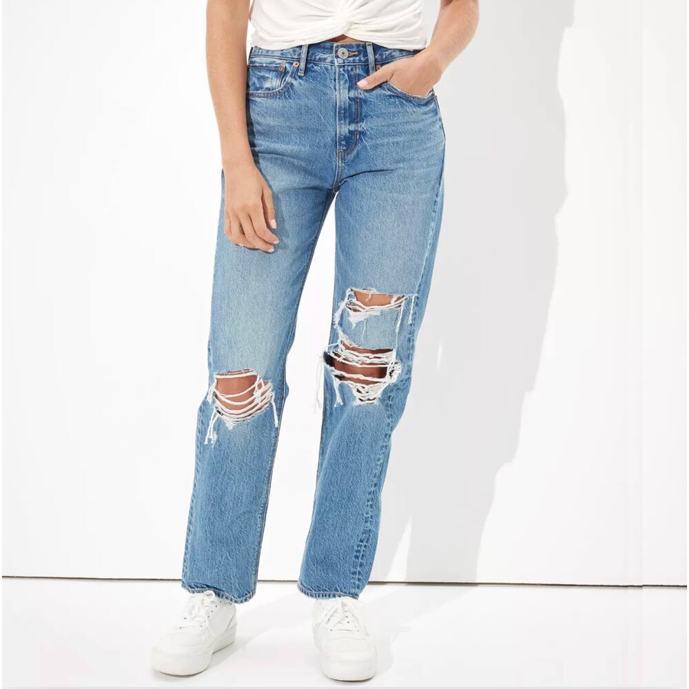 American Eagle 90s Boyfriend Jean Ripped High Rise Straight Leg Jeans Size 0